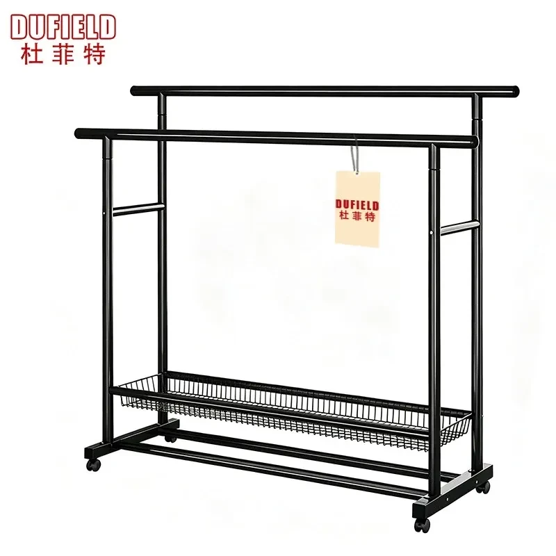 Black double-rail rack with mesh shelf