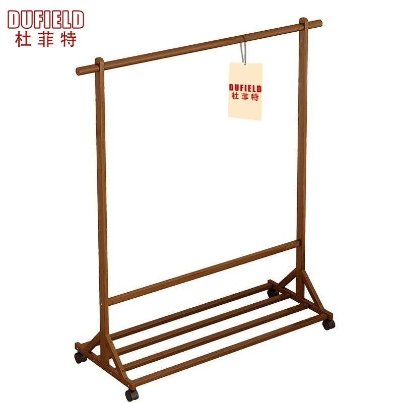 Brown wooden garment rack with bottom shelf